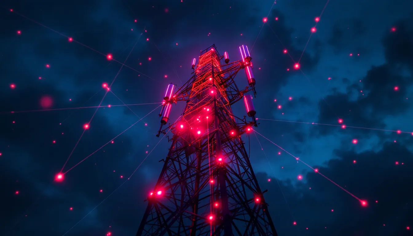 Torre de telecomunicaciones al anochecer con señales de red