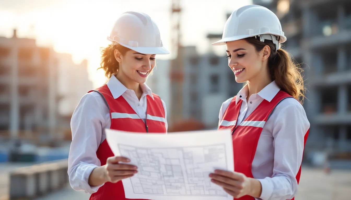 Dos técnicas revisando un plano de obra