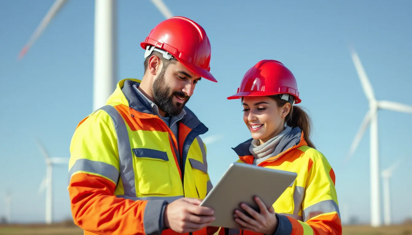 Equipo técnico junto a aerogeneradores