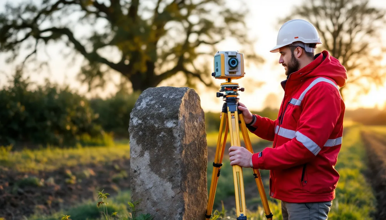 Topógrafo con receptor GNSS junto a un mojón de piedra