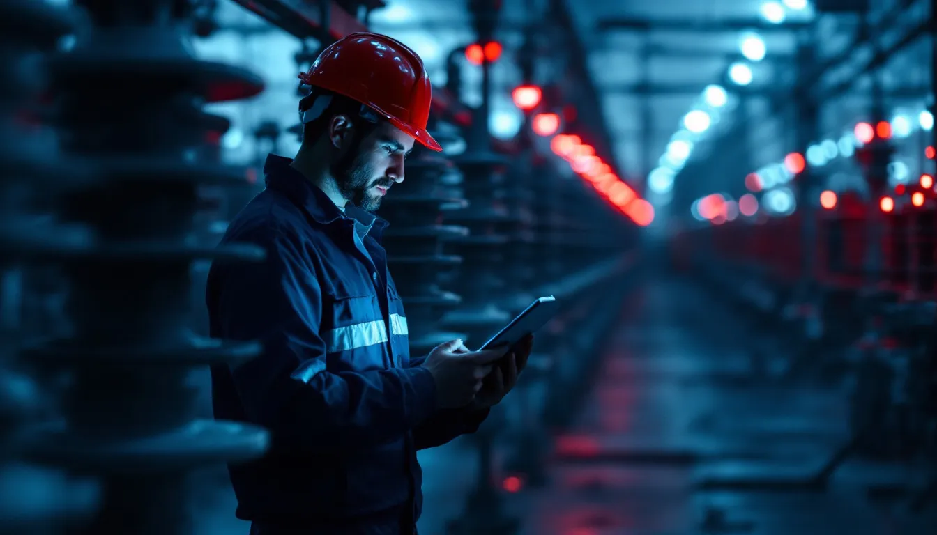 Ingeniero inspeccionando una subestación eléctrica con una tableta