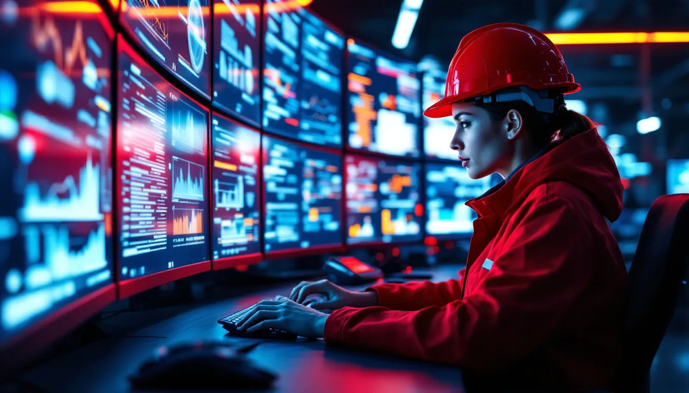 Ingeniera trabajando con datos técnicos en una sala de control