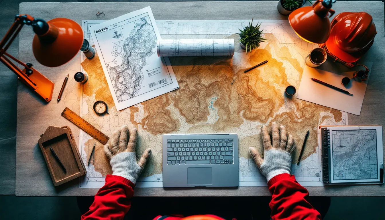 Mesa de trabajo con cartografía impresa e instrumentos