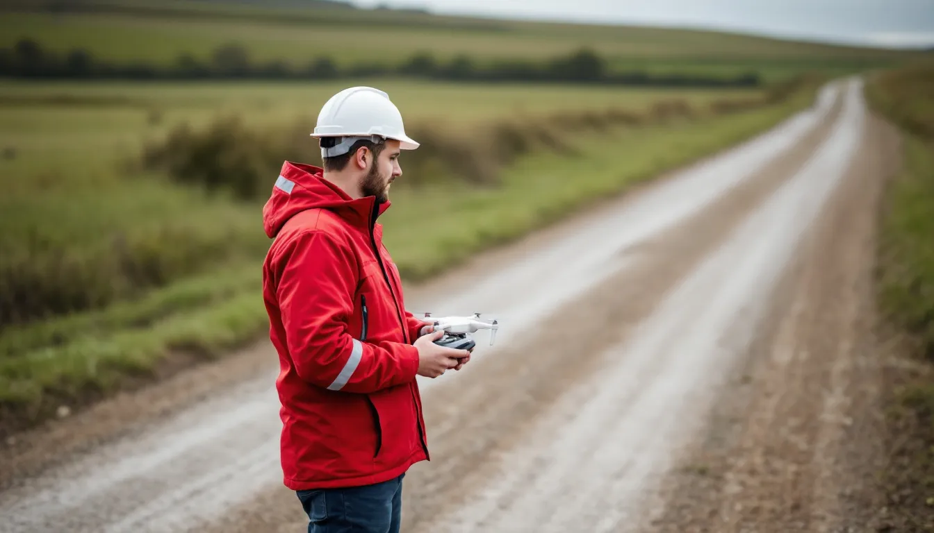 Técnico despegando un dron de topografía