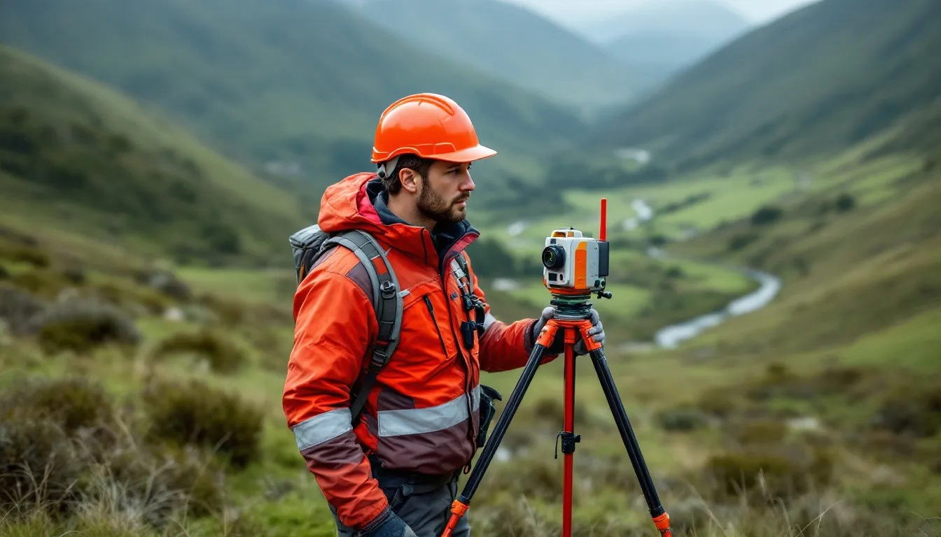 Topógrafo con receptor GNSS en ladera